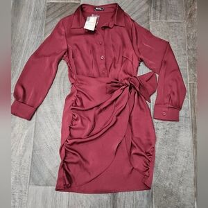 NWT! Elegant Burgundy Satin Button-Up Wrap Dress